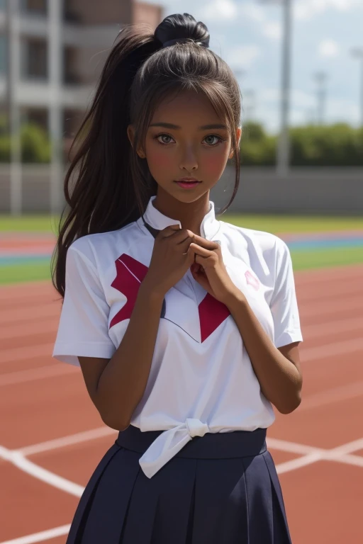 (((( one girl )))), Put your hand over your mouth、Beautiful breasts、 Brown eyes, ((Gal Hairstyles)) blonde, girl, (Eye and facial details:1.0), break, (masterpiece, Highest quality, Very detailed, Detailed face, 8k),( dark skin:1.7 ), (((( track and field uniform )))),( open mouth ),(((( 9歳 ))))