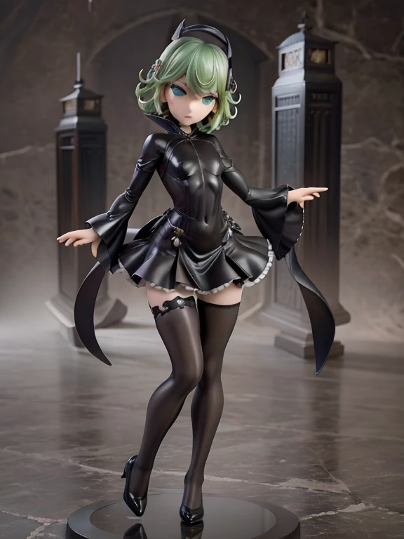 Masterpiece, best quality, ultra detailed, illustration, lighting epic, cinematic composition, 1 girl, Tatsumaki, short hair, green hair, very small breasts, green eyes, bright eyes, pouting, blushing, closed mouth, piercing gaze, full body, Slim body, Grey hood, Metal spikes, Grey wristbands, Long black gloves, Lantern sleeves, victorian, Gothic ****ta dress, Grey dress, Somewhat tight, Black belt, Black pantyhose, Black shoes, City background, Anime