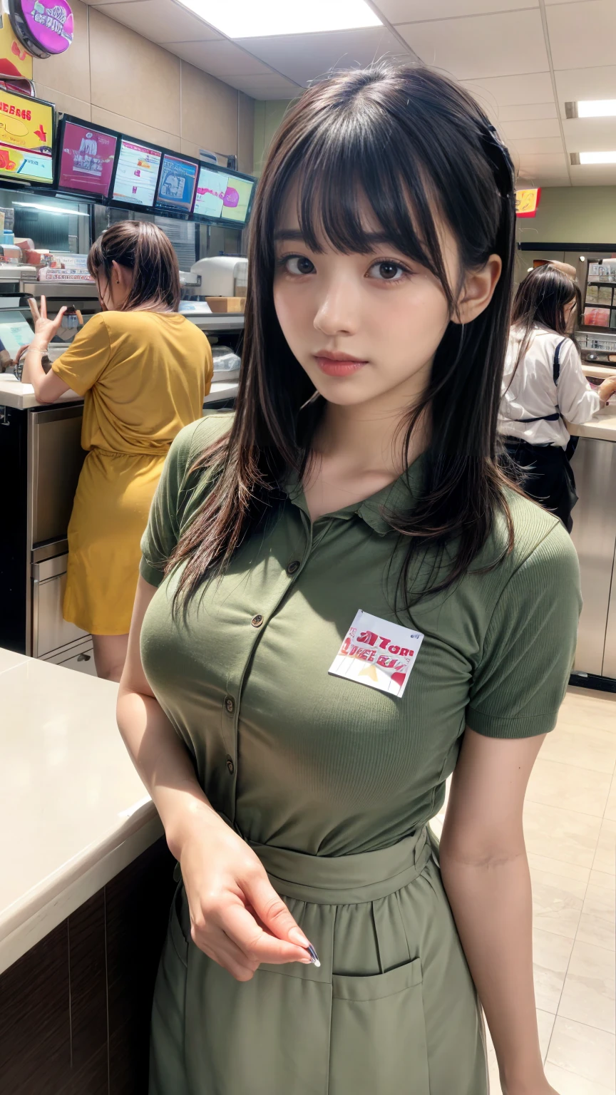 (onoff,side-by-side photo,split screen),(masterpiece:1.4), (best quality:1.4) ,8K,cinematic lighting,((best quality)), (masterpiece) , (realistic shadow) , (depth of field),(intricate details:1.4), 1girl,Japanese,(Black mideum flipped hair with asymmetrical bangs:1.3),Happy smiling face,(Slender body:1.4),hairy pussy,konbini, scenery, shop,convinience store,food, indoors,LAWSONU, employee uniform, uniform,id card, striped, shirt, pants, standing,