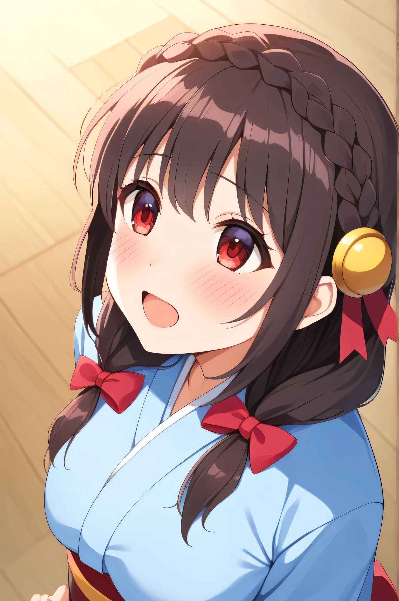 Anime girl with long hair and red eyes in a blue dress - SeaArt AI
