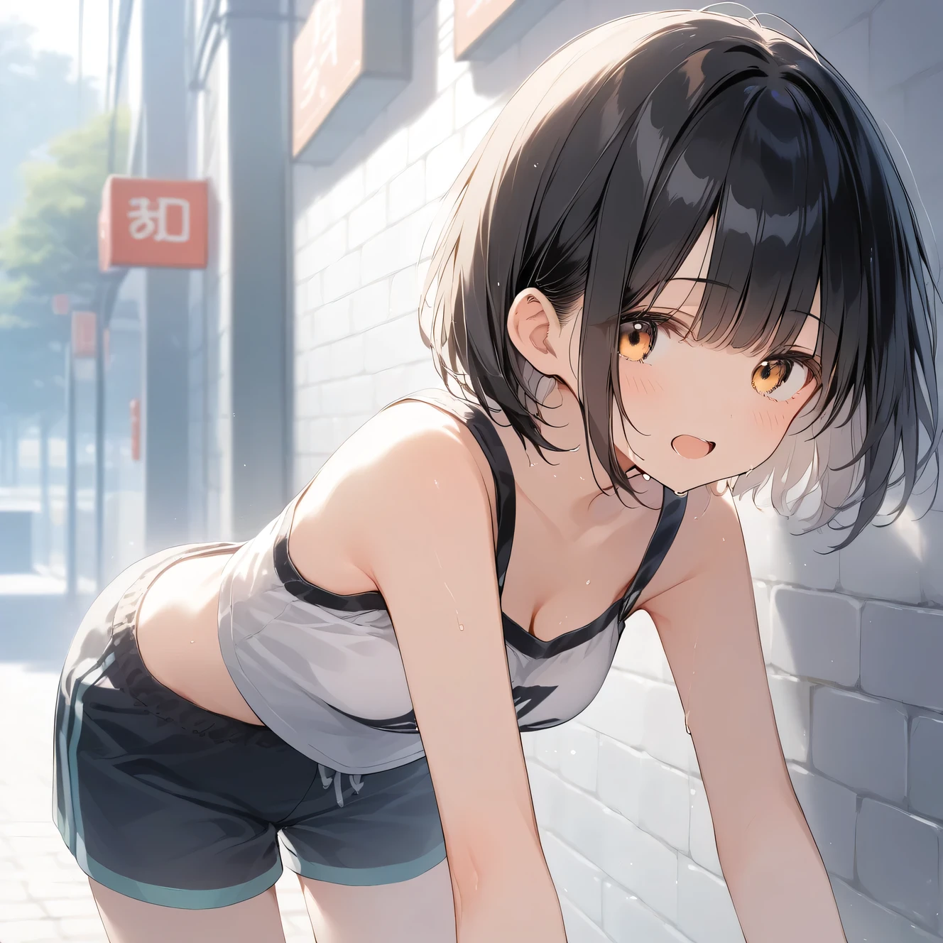 (Superflat, Flat Shading, Flat Color:1.1)、(Magazine Cover)、An illustration、(Asian boyish girl)、(cute:1.2)、Very beautiful 14 year old manga girl、Great smile、Blushing cheeks、(Skin with attention to detail: 1.2)、Photorealistic anime girl rendering、Realistic Anime 3D Style、cuteボブカット、Beautiful brown hair、Intense black eyes、Strong eye highlights、(Detailed、Mid-chest)、Perfect Anatomy、My hair is messy、Old fashioned sportswear、((Sportswear that becomes transparent with sweat))、White tight sleeveless shirt、Dark blue short tight shorts、((Wet))、Dynamic Angle、above ground stage、the wind is strong、Very embarrassing panic smile、looked back、 階段From below眺め、From below、((from the front))、Show off your shorts、Small area sportswear、Angle from the feet、From belowの角度、((From below見上げるアングル、Crotch show))、Volumetric lighting、Soft Light、bright、neon、Vibrant colors、Watercolor、