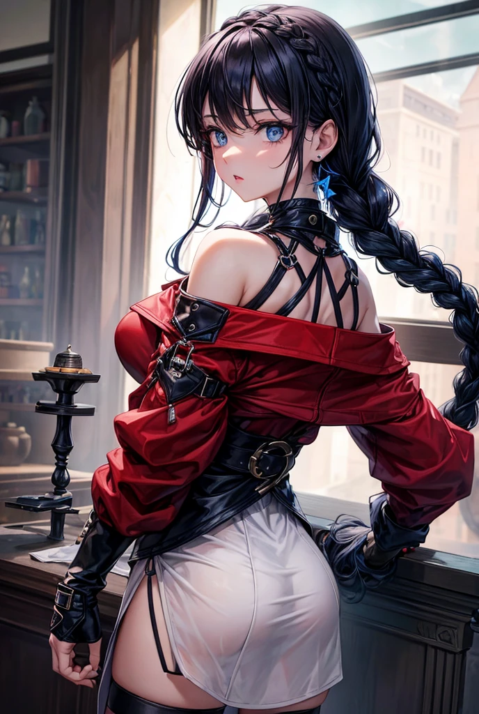 (shibari, arms behind back:1.4), (hands on back), (masterpiece, best quality) 1.5, 1girl, solo, (sexy, beautiful woman, perfect face, perfect eyes), tifa lockhart, black leather dress, sneakers, (reddish brown eyes, black hair, long hair), (shibari, arms behind back:1.4), (hands behind back)