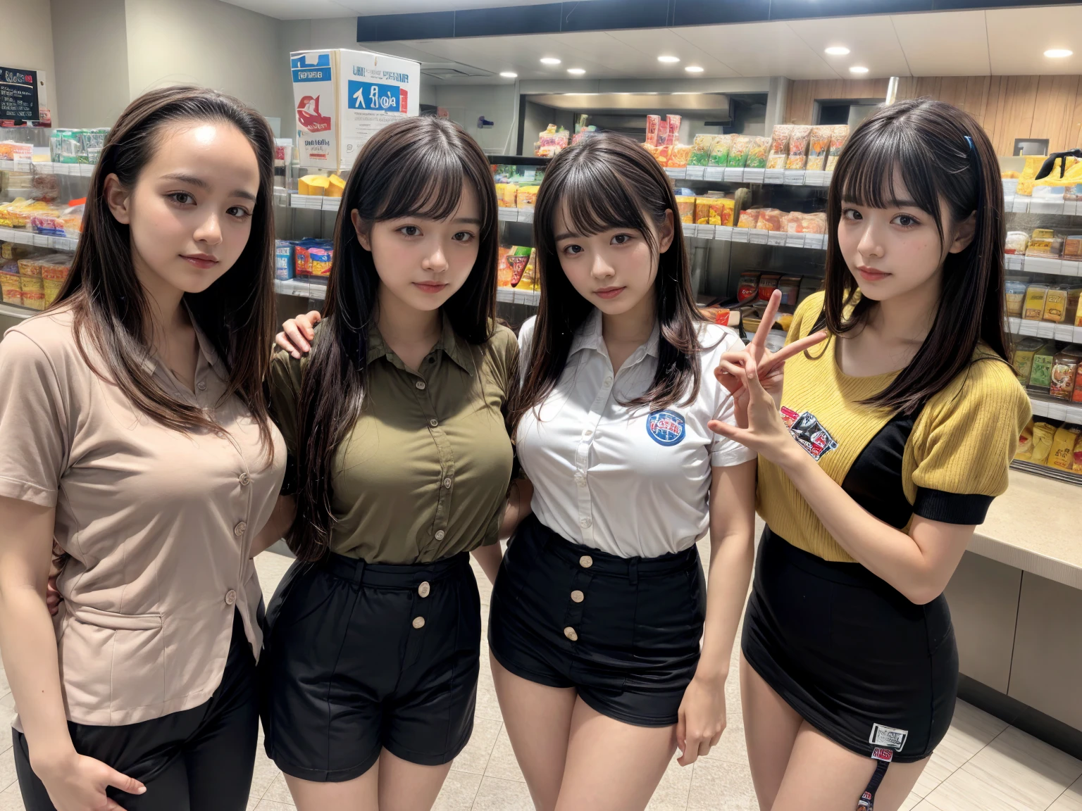 masterpiece, highest quality, in detail, 5 girls, (beautiful girl), cute (huge ), (cleavage), Clothes,group, Multiple characters、abs、Enclosing、Surrounding the viewer,I'm looking down,eyes ajar