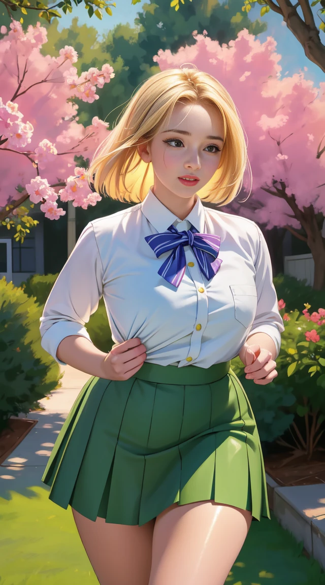 A beautiful, young busty schoolgirl stands in the center of a vibrant garden scene. Her eyes are captivating, detailed, and full of life, drawing you into her world. The detailed lips form a gentle smile on her face, adding warmth to the atmosphere. The girl's face and eyes are extremely detailed, providing a realistic and lifelike expression. Her long eyelashes gracefully frame her eyes, accentuating their beauty.

The girl is dressed in a traditional school uniform, with a pleated skirt and a crisp white blouse. The light breeze gently rustles her skirt and hair, adding a sense of movement to the scene. The sunlight filters through the leaves of the surrounding trees, casting a soft, warm glow on the girl's features. The vivid colors of the flowers create a joyful and lively backdrop, enhancing the overall atmosphere of the garden.

The artwork is created using a combination of mediums, blending the techniques of illustration, painting, and photography. The result is a masterpiece of art, with high-quality, ultra-detailed elements. The painting style leans towards the realistic and photorealistic, capturing the intricate details and textures of the scene.

The color palette is vibrant and harmonious, with an emphasis on pastel tones. Soft pinks, greens, and yellows dominate the composition, enhancing the innocence and youthful energy of the schoolgirl. The lighting is natural and enchanting, with gentle shadows and highlights illuminating the girl and the garden.

In summary, the prompt for this beautiful flat-chested schoolgirl artwork would be:

beautiful detailed eyes, beautiful detailed lips, extremely detailed eyes and face, long eyelashes, schoolgirl in a garden, traditional school uniform, flowing skirt, vibrant flowers, joyful atmosphere, medium: illustration and painting, high-quality, ultra-detailed, realistic, photorealistic, pastel color palette, natural and enchanting lighting.