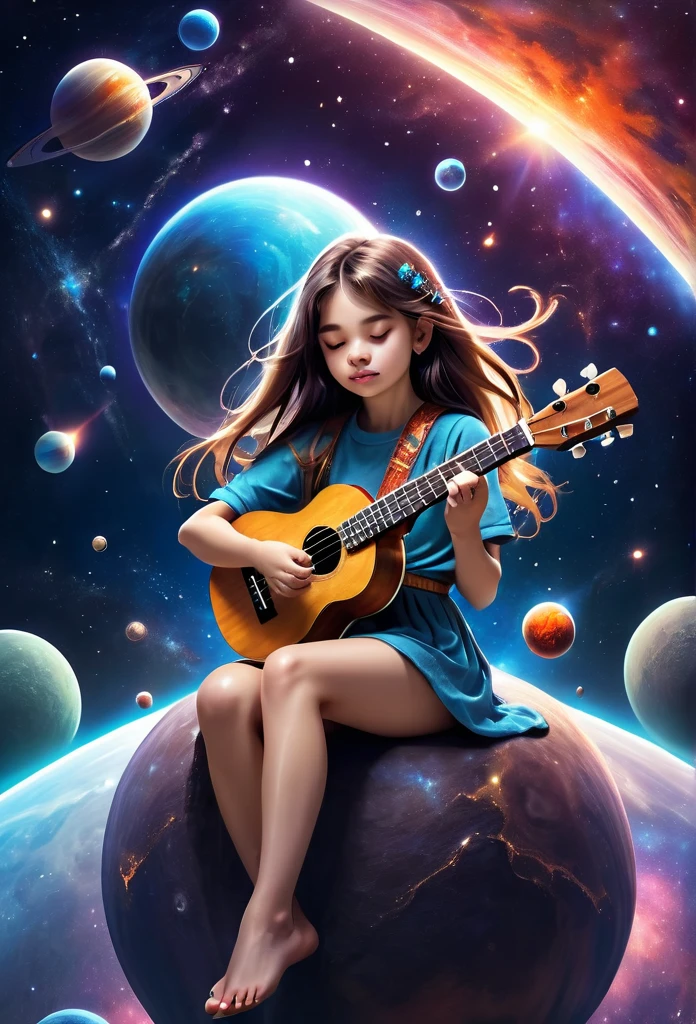 beautiful young girl with long hair playing ukulele, sitting on a planet in space, galaxy background with stars, additional planets and shooting stars, natural lighting