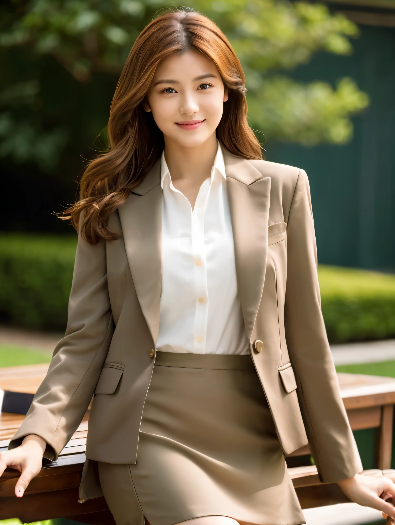 Married Woman's Face、30 years old、Middle-aged women、Business jacket、skirt、Beautiful legs、High quality、Ultra-realistic、A cheerful smile、Married woman's body type、Japanese Wife、 Perfect Eyes、Radiant Skin、Tokyo Station