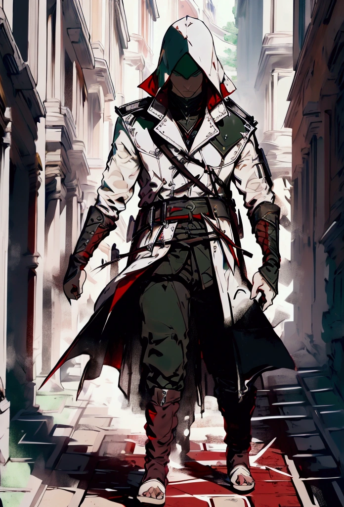 (masterpiece), 40 year old man, green eyes, black hair,  trench coat with white and red color, Black pants, brown boots, sword in hand, in the countryside, (4k)