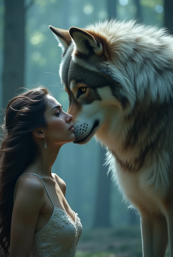 barbarian warrior, blackquality hair, a voluptuous woman, with big breasts, crawling and screaming, being attacked by a fierce and angry white wolf, giant on top of a mountain in the snow