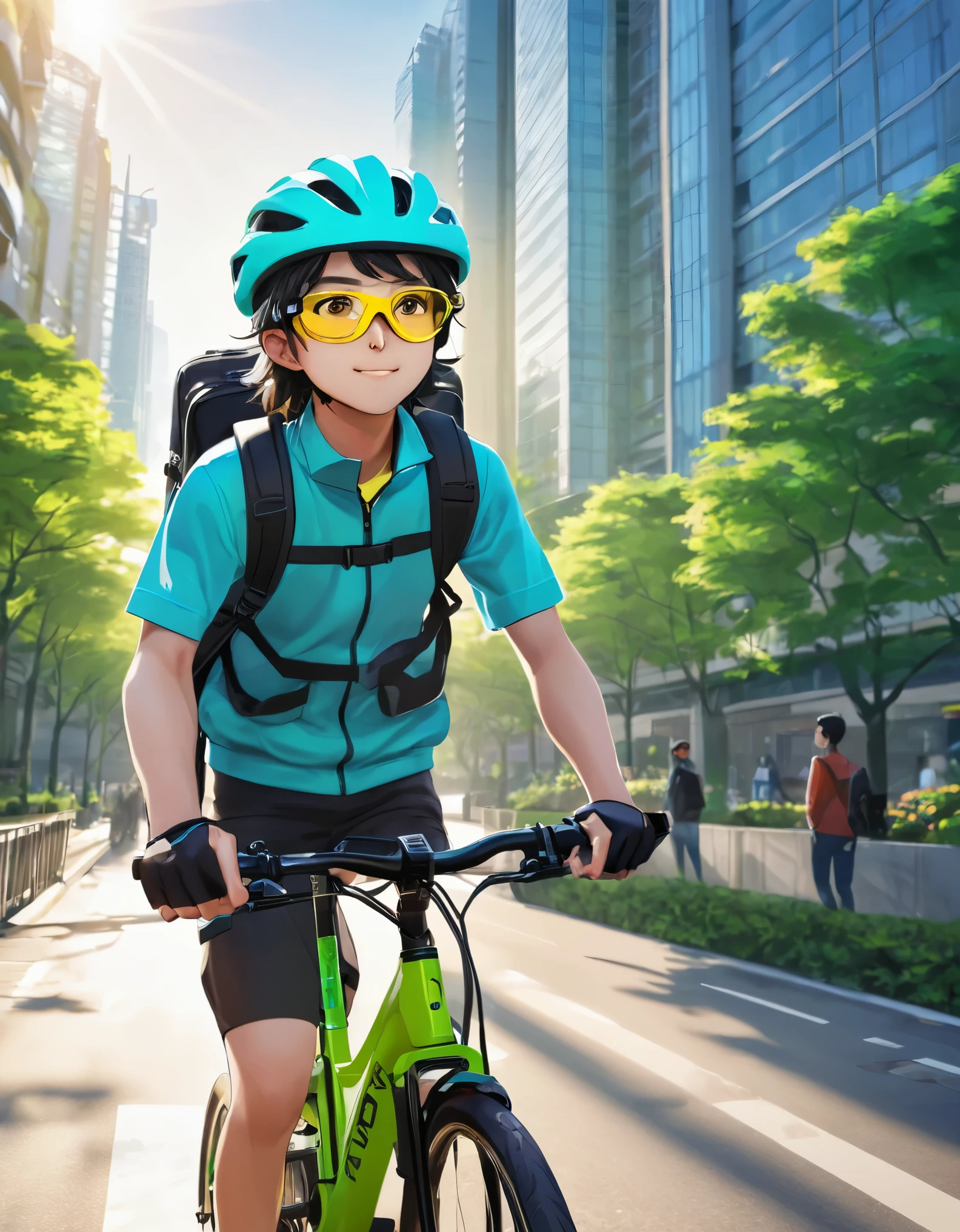 Light blue long hair、A beautiful twin-tailed Uber Eats delivery girl、Uber Eats backpack on his back、He focuses on his delivery while looking straight at the camera.. Wearing yellow and black sporty cycling clothing with goggles, Holding an action camera while riding a green delivery bike. Urban background with skyscrapers and trees in bright sunlight々is being shown, Create a vibrant and dynamic atmosphere. The shadow indicates that the light is coming from the upper left., Casts soft yet clear shadows. This image is、It is shot in a dynamic side-view that puts the focus on the characters.。, Showcasing a vibrant and energetic scene.