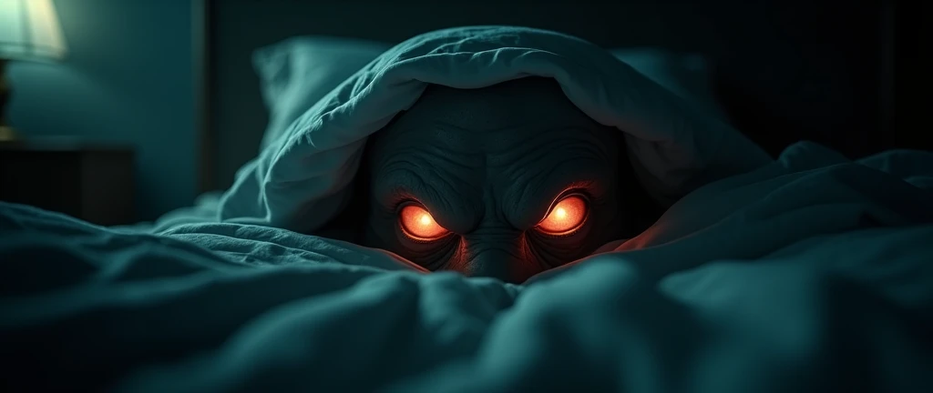 Creepy creature with red eyes under the bed