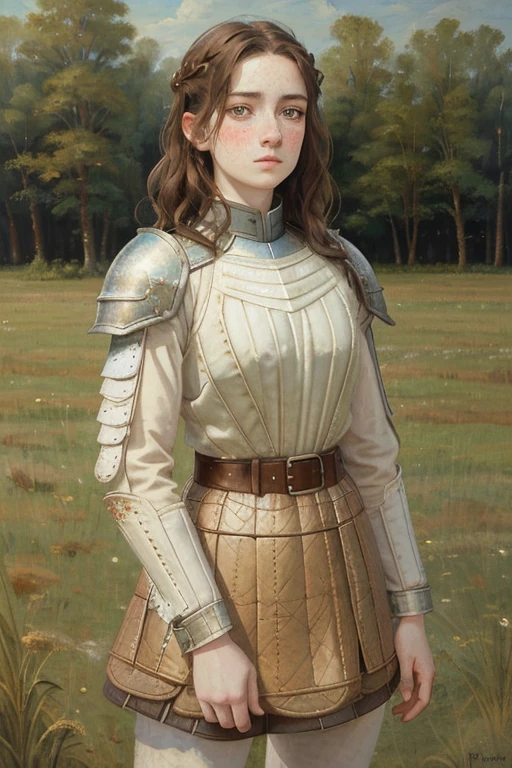 Beautiful teenage girl, short wavy brown hair, rough, Pale skin, freckles. goddess, Padded Armor, Cloth armor, Loose fitting shirt, A loose jacket, Gambeson, Quilted Armor,Short skirt armor, blush, Highest quality, oil Painting, Painting, classical Painting,On the field, masterpiece, Border Militia, 