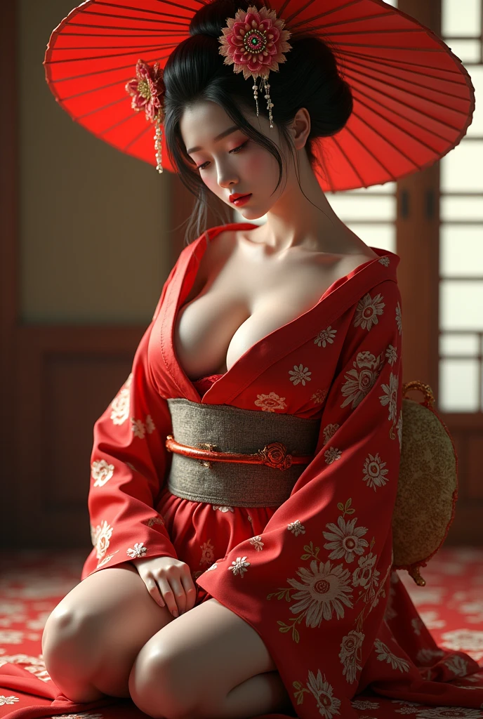 Mujer peliroja rojo intenso, from ancient japan with kimono, en pose sexy y con abanico y tocado extravagante