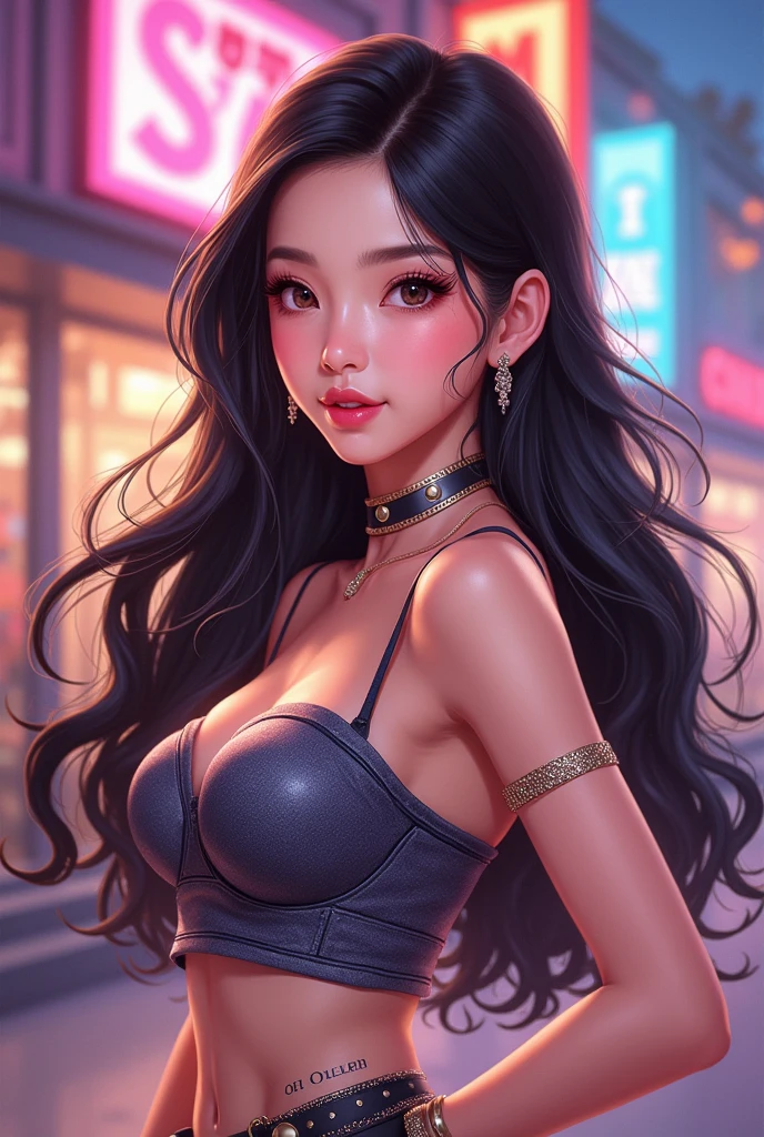 woman((20-year-old)), hair((black, length, wavy)), eye((Brown, big eye)), amusement park, night sky, lip gloss, smile, hair clip, diamond earrings, huge breasts, big , tits, ((velvet, Bando, pink))