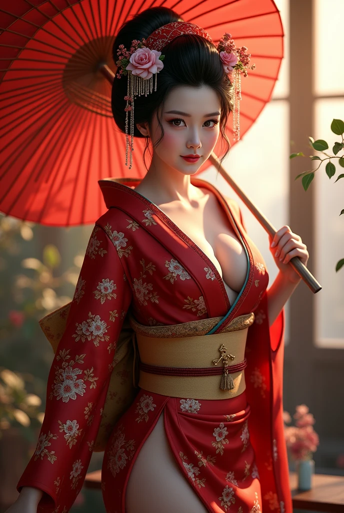 A beautiful woman in a seductive kimono standing in a forest on a rainy day、Hollow Eyes、Half naked、Narrow face、Narrow eyes、Less sexy and more elegant