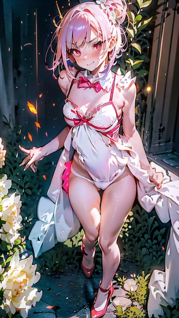 Best quality, Ultra detailed, best quality, insanely detailed, beautiful, masterpiece, 8k, 
break  
Colorful background, refraction Glowing white lines ,Crossing Light,light particles
break 
1lady, pink hair, short hair, white flower ornament on head, pink eyes, ultra detailed eyes, dancer dress, blue dress,light green belt on chest ,red heels,  full body, portlait, evil smile, evil grin, (sharp eye:1.2),(scowl:1.1), (stare at viewer:1.5),  (embarrassed,blush:1.3),(ecstasy:1.3) ,(slut:1.2),(vulgarity:1.3),(fucked silly:1.1),(steam:1.1),(wet:0.8),(drooling:0.6),(sweat:0.8), 