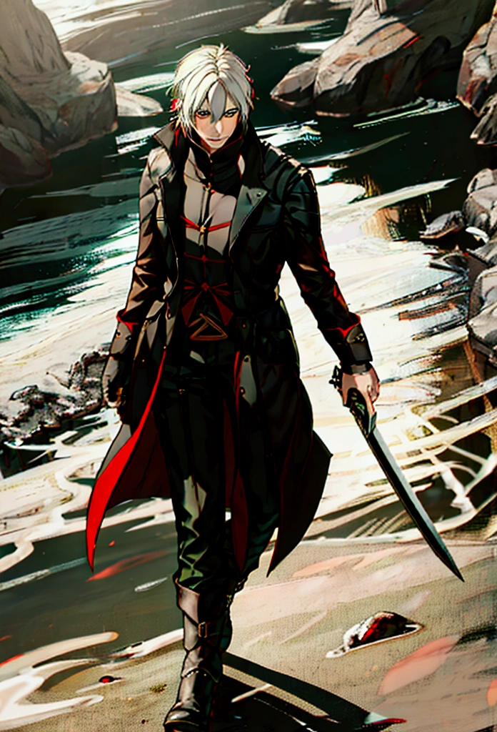 (masterpiece), 40 year old man, green eyes, White hair,  trench coat with black and red color, Black pants, brown boots, sword in hand, in the countryside, (4k)