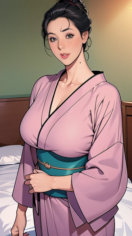 1，Japanese Hairstyle，Photorealism，detailed，masterpiece，Mature，((full))， (Broad shoulders), ((huge))，（Beautiful long-sleeved kimono，pajamas，Smile，masterpiece，high qualityのone example,, one example：Zoe Mozart, pin up art byZoe Mozert, ヴィンテージpin up, ゾーイ・モザートによるone example, girl pin up, pin up girl, pin upポスターガール, pin upガール, pin up, pin upガール,50 years old、high quality，Standing，High resolution 4K information，Bedroom Background