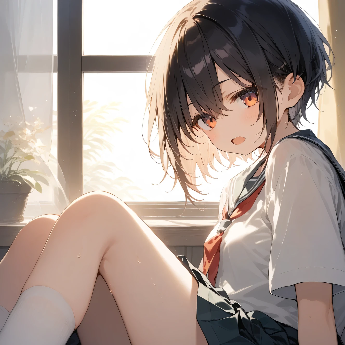 Sitting on a mountain,smile,close ~ eye,1. small  ,short hair,Black Hair,blush,White T-shirt,Olive green shorts,Brown Sandals,White skin,From below,shy,Put your hands between your legs,night,firework,Sweaty,Wet,Cowboy Shot,saliva,Ahegao