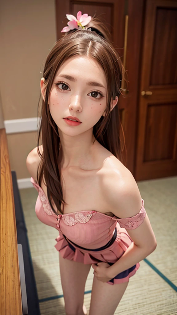 (​masterpiece), (top-quality), (top-quality), ​masterpiece, retinas, Anatomically correct, Textured skin, Super Detail, high details, High quality, award winning, Best Quality, hight resolution, ultra wide-angle, looking in camera, Lots of details, Detailed drawing, milky skin, Soft and soft skin, 真实感, realisitic, beautiful countenance, face perfect, Symmetrical face, Proportional body, (realisitic, Photorealsitic:1.37), (Background with blurred depth of field), (detailedbackground:1.25), (Hair growth:1.25), 1girl in、独奏、small breasts、is standing、cowboy  shot、Lift the hem of the dress yourself、sheer wedding dress、cleavage of the breast、bedroom、sunlights、pluma、flower petals