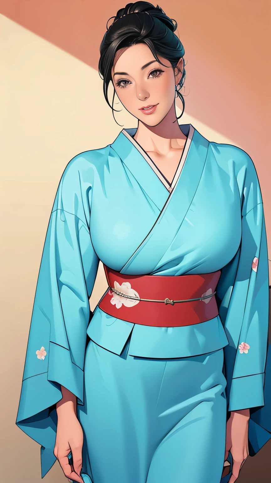 1，Japanese Hairstyle，Photorealism，detailed，masterpiece，Mature，((full))， (Broad shoulders), ((huge))，（Beautiful long-sleeved kimono，pajamas，Smile，masterpiece，high qualityのone example,, one example：Zoe Mozart, pin up art byZoe Mozert, ヴィンテージpin up, ゾーイ・モザートによるone example, girl pin up, pin up girl, pin upポスターガール, pin upガール, pin up, pin upガール,50 years old、high quality，Standing，High resolution 4K information，Bedroom Background