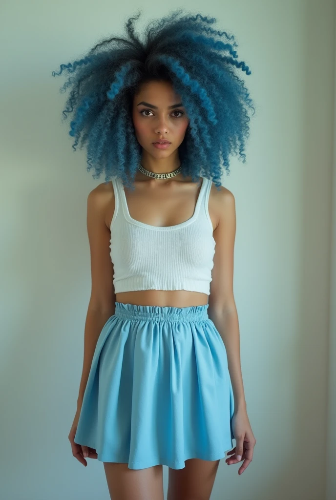 Full body of a Syrian WOMAN, blue curly hair, white crop top and white pleaded skirt, big , angry look, looking down at viewer, natural skin texture, 24mm, 4k textures, bright cinematic light, RAW photo, photorealism, photorealistic, intricate, elegant, highly detailed, sharp focus, ((((((cinematic look)))), soft tones, insane details, intricate details, hyperdetailed, low contrast, soft cinematic light, bright colors, exposure mix, hdr, selfie angle, wearing choker, thick thighs, big butt