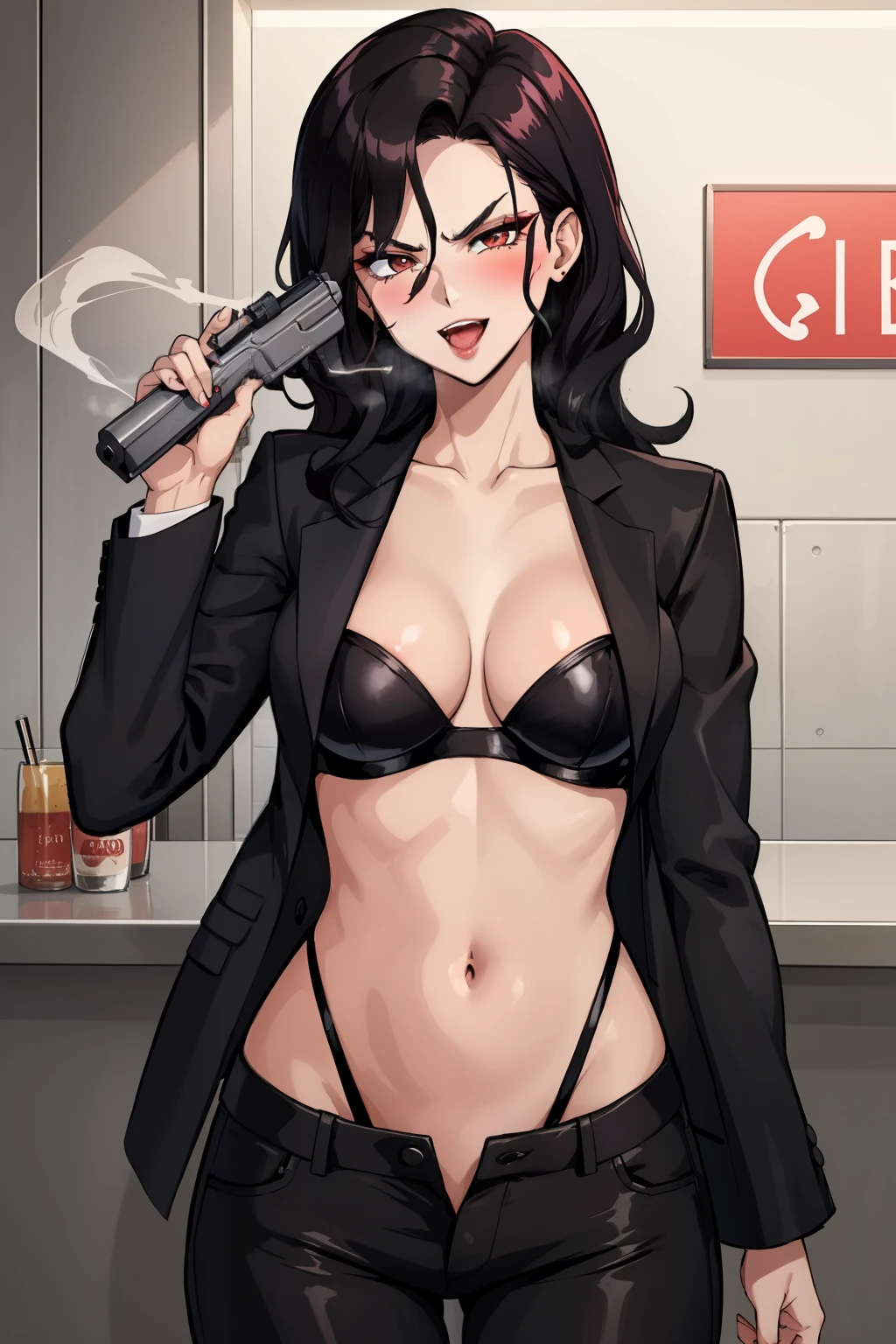 MadamePresident, black hair, long hair,, blush, lipstick, Hot girl, baddie, staring, glaring, bad attitude, mean girl, crazy, smoking, sensual, attractive, bar background, inside bar, long sleeves, cleavage, jacket, unbuttoned pants, black jacket, black pants, formal, suit, black bra, evil smile, smile, (nsfw) not safe for work, navel, evil expression, exposed belly, exposed navel, exposed midriff, exposed lower belly, unbuttoned long black pants, open mouth, holding a gun, holding pistol,