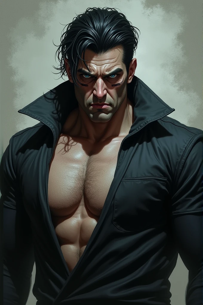 a handsome man with a big chest in a black jacket, big pecs, extremely detailed facial features, sharp focus, highly detailed skin, shirtless, realistic hyper-detailed portrait, photorealistic, cinematic lighting, high contrast, vivid colors, 8k, masterpiece