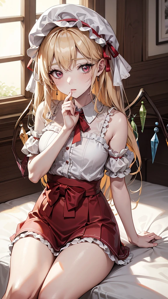 Eastern Project, Flandre Scarlet sitting on the bed wearing JK, Cross your hands at your waist, Light hair, Warm lighting, Blurred foreground, Lovely, Change, Japanese cartoons, 4K, With devil wings, Shower cap, masterpiece, Upper Body