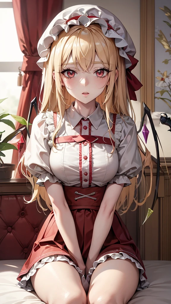 Eastern Project, Flandre Scarlet sitting on the bed wearing JK, Cross your hands at your waist, Light hair, Warm lighting, Blurred foreground, Lovely, Change, Japanese cartoons, 4K, With devil wings, Shower cap, masterpiece, Upper Body