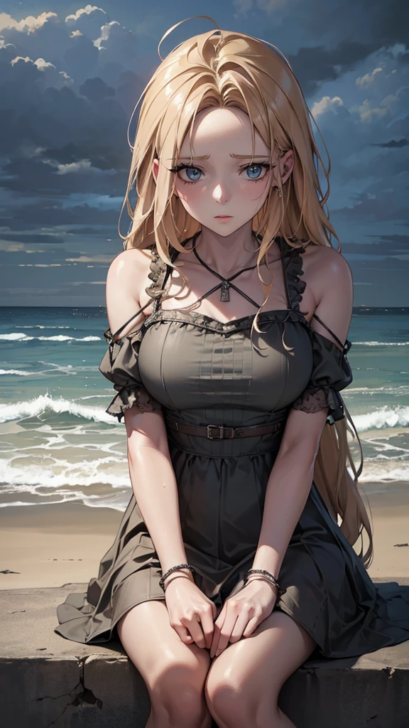 (masterpiece, best quality: 1.2), Extremely detailed, Movie Lighting, HDR, illustration, landscape, 1 Girl, (Soft colors), Post-apocalyptic beach, night, Desolate atmosphere, Girl sitting on the beach, Cover with vegetation, (cloudy day), Waves hitting the coast, (Melancholy but hopeful), Quiet rest time, (Detailed texture), Windblown hair, Cloudy at night