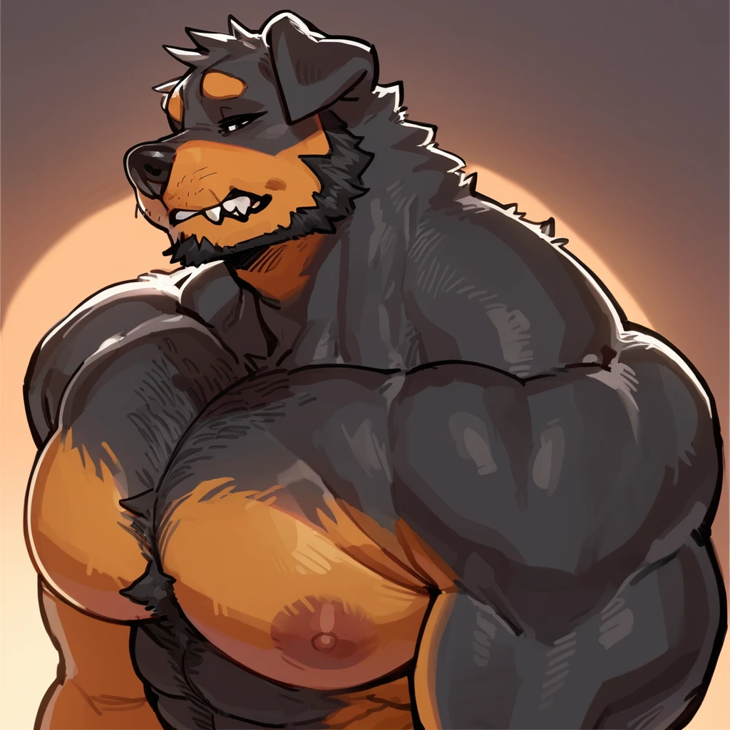 Black bara rottweiler, black fur, very large pecs, strong physique, very muscular, perfect anatomy, masterpiece, black beard, black eyes, strong jaw, giant biceps, shirtless, hairy pectorals, solo, great lighting, by bebebebe, by ZIXiong, by zackary911, by SligarTheTiger, by RED8EAN,