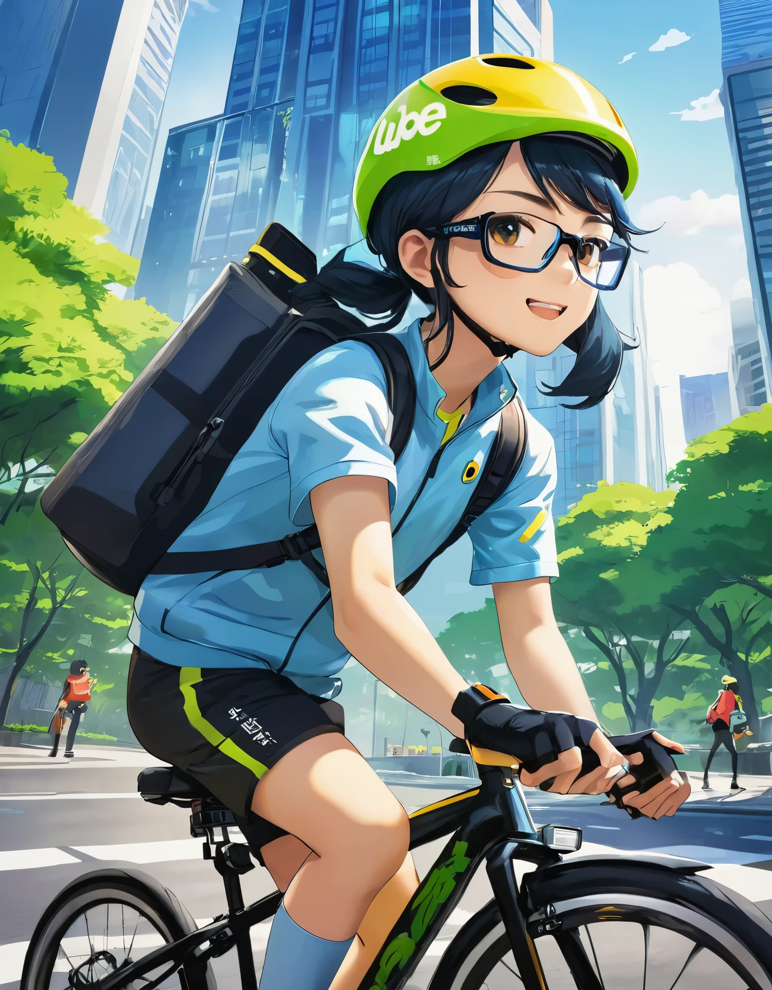 Light blue long hair、A beautiful twin-tailed Uber Eats delivery girl、Uber Eats backpack on his back、He focuses on his delivery while looking straight at the camera.. Wearing yellow and black sporty cycling clothing with goggles, Holding an action camera while riding a green delivery bike. Urban background with skyscrapers and trees in bright sunlight々is being shown, Create a vibrant and dynamic atmosphere. The shadow indicates that the light is coming from the upper left., Casts soft yet clear shadows. This image is、It is shot in a dynamic side-view that puts the focus on the characters.。, Showcasing a vibrant and energetic scene.