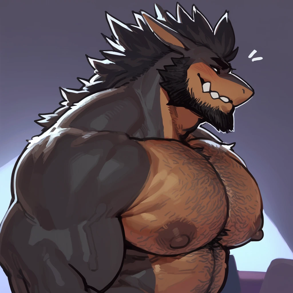 Solo, male (((behemoth, blue eyes, blue iris, black pupils, huge muscular, muscular, biceps, huge pecs, abs, black nipples, black horns, horns, black hair, facial hair, beard, long hair, brown body, brown hair, long snout, fangs, tusk, black horns, black nose, chest hair, mane, ponytail, thick hair, finger claws, clawed hands, leg scars, arm scars, arm tuff, jewelry, tail, tail tuft, purple thong, huge bulge))) standing, flexing, seductive, beach, daytime, giant, full body, perfect anatomy, by darkgem, by mystikfox61, by glitter trap boy