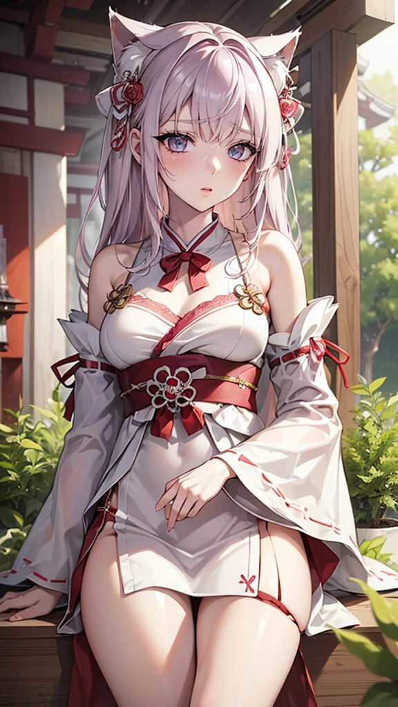 (best quality:1.4), high resolution, masterpiece,, 1 Girl,, Lilac hair, Purple Eyes, (Kemomimi), Medium breasts, Bare slender thighs,, Hair accessories, (Red|White Japanese shrine maiden costume), Separate sleeves,, blush,, lantern, shrine,, Delicate face,