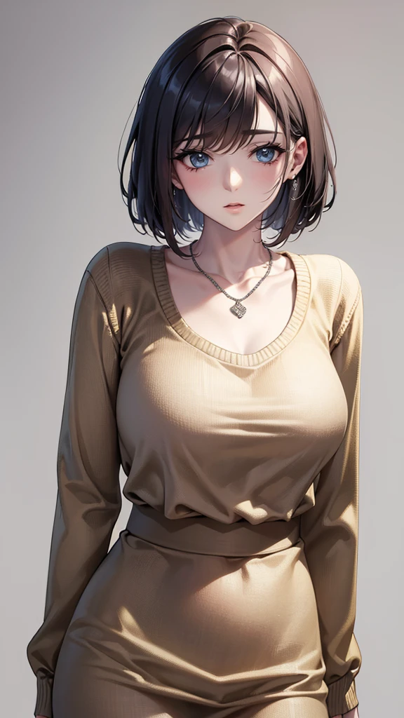 (best quality, 8K, 32K, masterpiece, Ultra HD:1.2),Photos of beautiful Japanese women, Large Breasts, Super Short Bob Hairstyle,Upper Body,(Oversized_sweater,:1.1) necklace, Simple background, look around