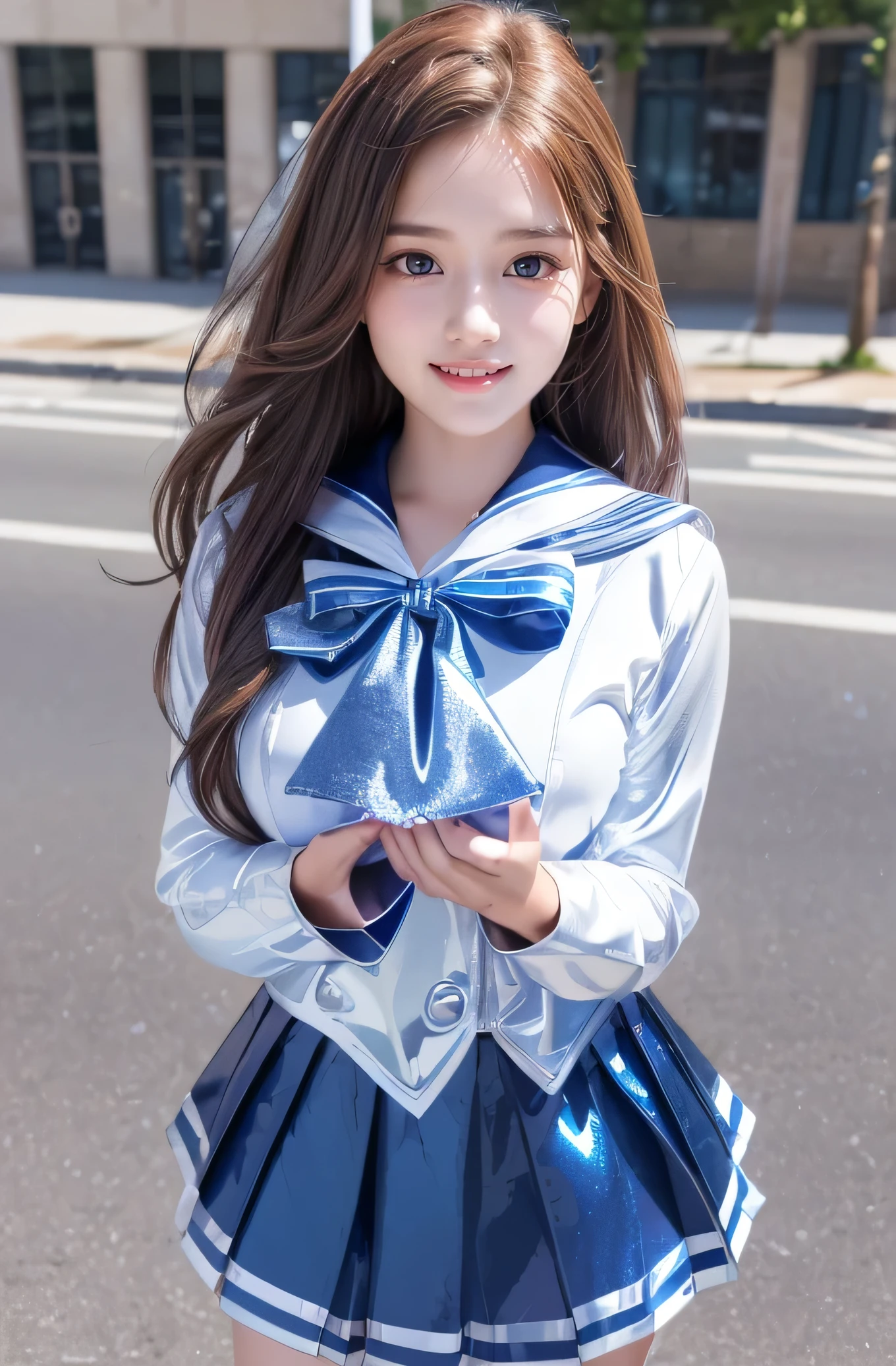 Very beautiful cute girl) (very cute face:1.2),(),(sparking clear attractive large eyes:1.2), Beautiful detailed eyes, Detailed double eyelids, smiling, (realistic photograph:1.1), in the street,
(super shiny metallic blue and white sailor high school uniform:1.5),(super shiny metallic blue pleated skirt :1.1),
(brown hair:1.2),professional portrait 