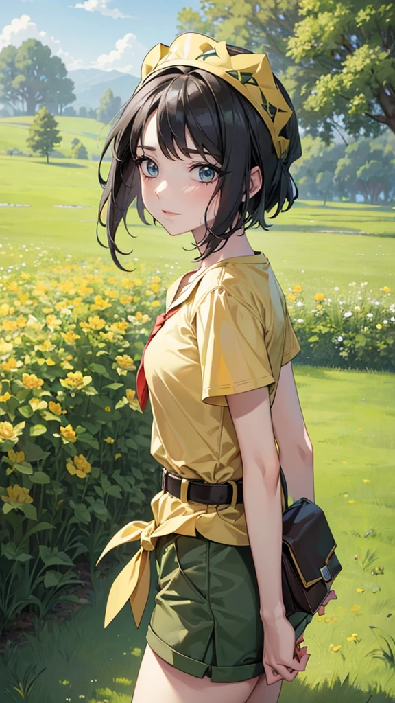 masterpiece, best quality, high resolution, serene 1, 1 girl, serene 1, 1 girl, serene (Pokémon), Solitary, Gray eyes, Black Hair, green shorts, Red headdress, shirt, tied shirt,, short hair, Short sleeve, shorts, stripe, yellow shirt, belt, Middle Class Shooting, Grass, site, Smile, permanent,