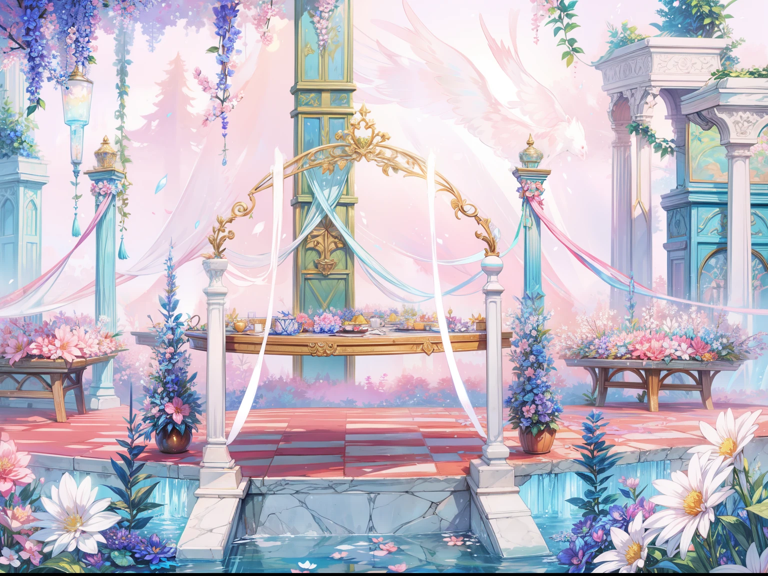 florals ，Colorful flowers ，background are the flowers，Surrounded by flowers，Seamless design，Fantasy Forest, neonlight, Realistic, Glow，Manhwa Style, Paint with vivid watercolors ,extremely detaile, highly detailed, masterpiece, Fairy tale background, in wonderland, Dynamic colors, Fairytale glow, pink and white checkered marble platform,pink sky,no humans,landscape only,HD