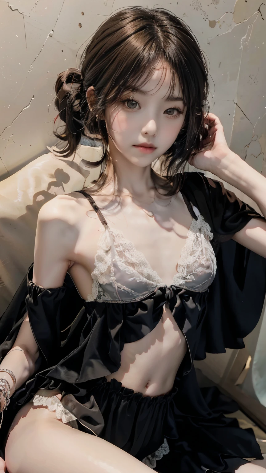 ((wallpaper 8k)), ((surreal)), ((Quality with attention to detail:1.2)), 1 girl, １４talent、kind eyes、plump lips、ash gray hair、french braid、natural look、(((small breasts、small breasts)))、black classy dress,black capelet, look up, widespread poverty, short cut hair、short hair twin tails、ash gray hair:1.5、white skin、((The belly button and the surrounding area are exposed)),(Shoulders exposed skin),(Are thin),(Slim overall body type),A beautiful girl,