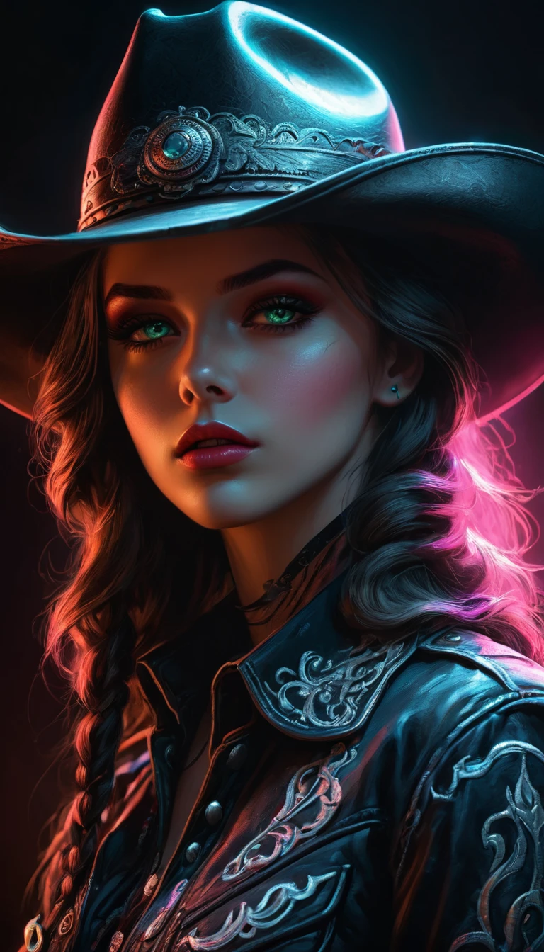 a girl in a dark moody cowboy-style setting, bright neon eyes, extreme shadows, (best quality,4k,8k,highres,masterpiece:1.2),ultra-detailed,(realistic,photorealistic,photo-realistic:1.37),detailed face and eyes,beautiful detailed lips,extremely detailed eyes and face,longeyelashes,andy kehoe style,anne bachelier style,dark moody atmosphere,dramatic lighting,neon colors,cowboy outfit,detailed cowgirl