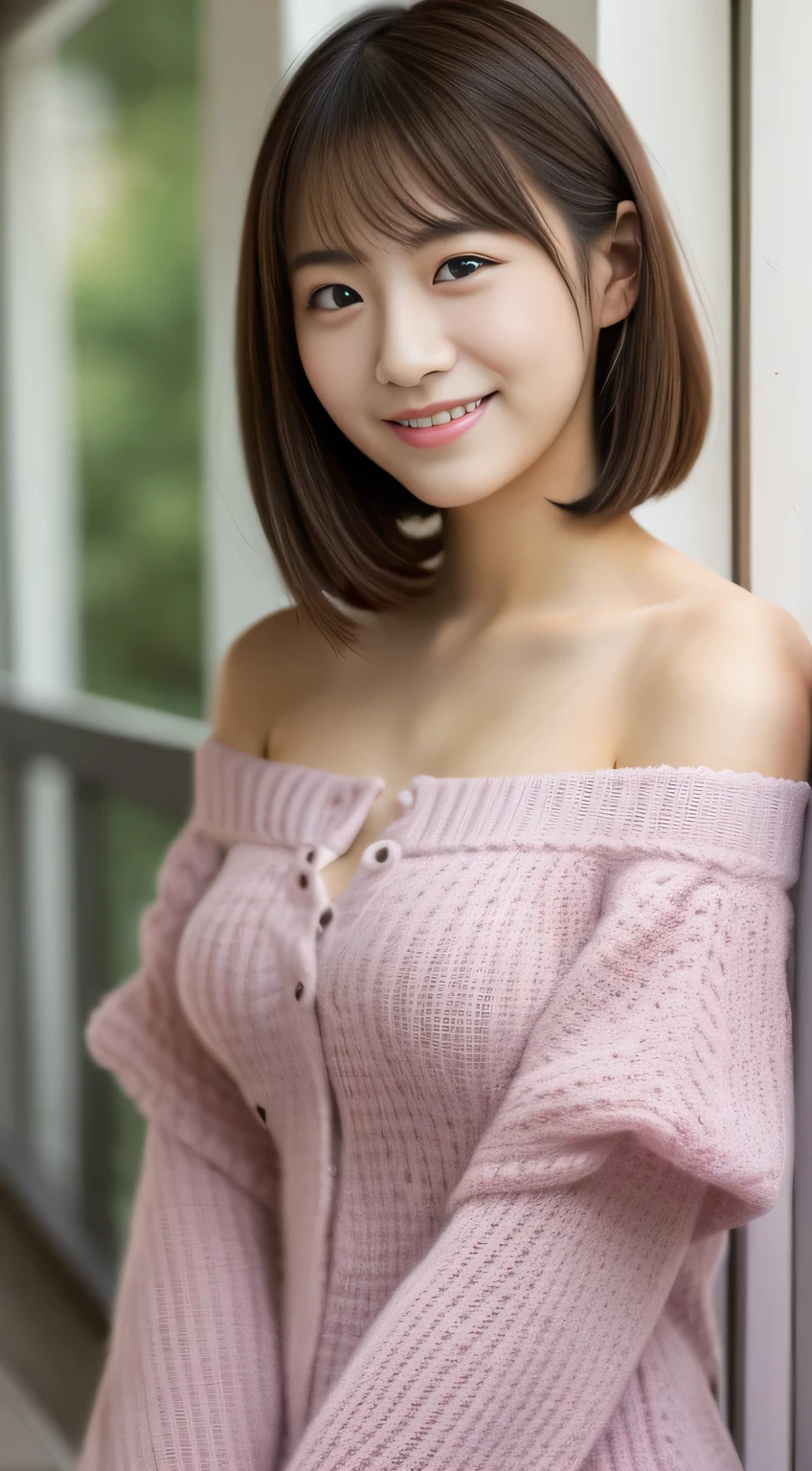 RAW photogr，18 year old sexy model, Cute young girl, messy  hair，Smiled shyly, curlies, golden hair, Campus style, Pink off-shoulder one-shoulder shirt, White pleated skirt, Sit Pose, sit on stairs, posing elegantly, posed for photo, Random shooting angle, Surprising detail，The is very detailed, Smooth skin, a warm color palette, best qualtiy, The is very detailed, the detail