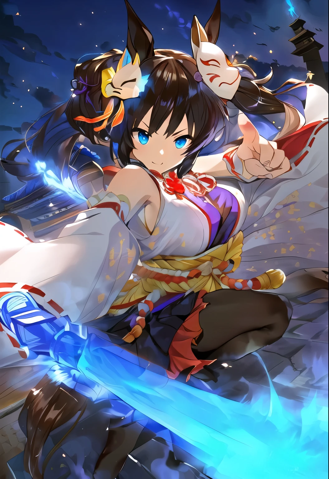 A look of determination, Short dark brown twin tails、, Adorned with yellow hair ornaments、, Traditional Japanese-style outfit with white and red accents, Wearing a purple and gold sash、, Fox mask on head, Black thigh-high stockings, Dynamic pose, Stretch one arm forward, Holding a glowing blue sword、, A sharp gaze into the camera, Smooth animated skin, outdoor setting, In the background is traditional Japanese architecture and a fantastic blue flame, Illuminated by cool lighting in night scenes、, Dramatic atmosphere, Low angle shot, Sharp focus on characters, Vibrant colors.Rin々In a good attitude, Holding a glowing blue blade、, She is under the night sky、Standing with determination. Traditional costumes and dreamy surroundings add to the dramatic scene., Horse&#39;s ears, Horse tail, Green Eyes.