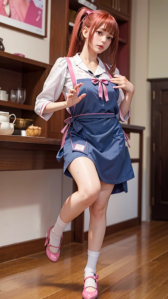 1 female, high resolution, Long hair, Ponytail, High Detail, best quality, masterpiece，Full body in camera，Thin waist，long legs，Perfect body, 1 Girl, apron, bow, cube Hair accessories, skirt, Ruffles, gloom (Express), Hair accessories, Heart, Heart hands,, Look at the other servant, 女佣 apron, 女佣 headskirt, 玛丽珍shoe, one side up, Pink Hair, Shadowed side, shoe, short skirt, Solitary, Sweat beads, High Leg Raise, white High Leg Raise, Absolutely great opportunity, 