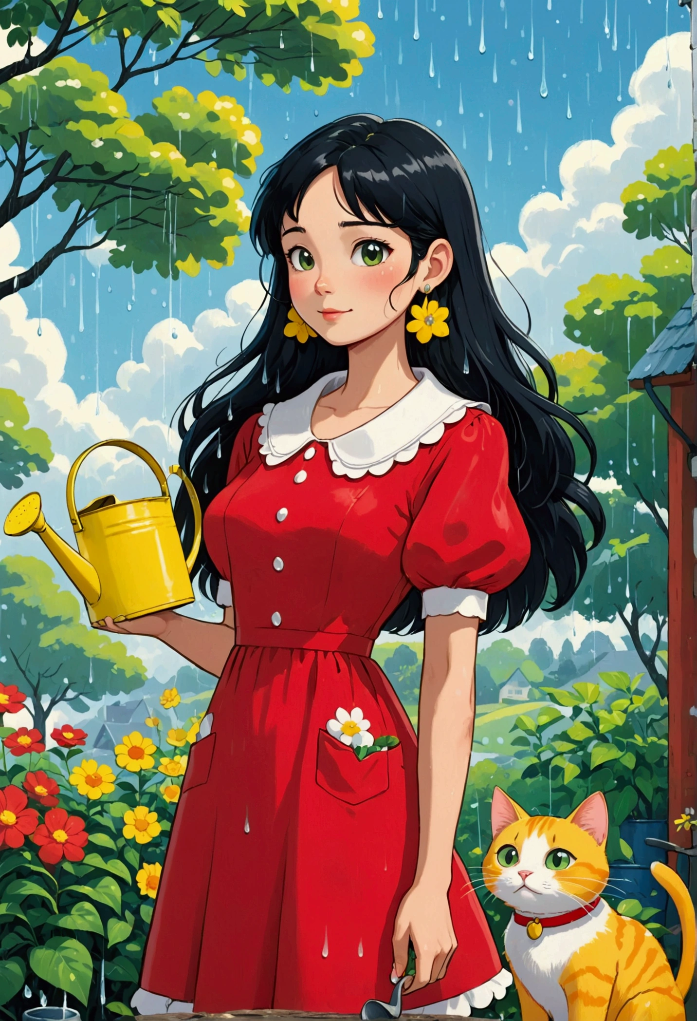 Long black hair, large white floral earrings, red dress with a white scalloped collar, holding a yellow cat in a blue pocket. Outdoor cartoon environment with cloudy sky, dripping rain, a yellow watering can, and green trees in the background. Bright and playful atmosphere.