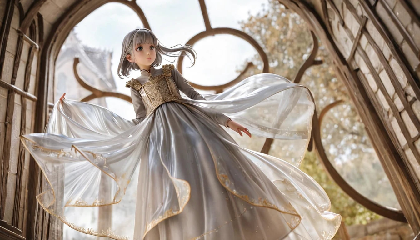 girl, Gold and silver embroidery, White-gray pearl medieval long dress（With panniers）, Translucent fabric, Pull up the dress by hand, Strong winds, Translucent slip, Grey translucent tights, Peeking from below, Highest quality, Disorder of clothing, sit