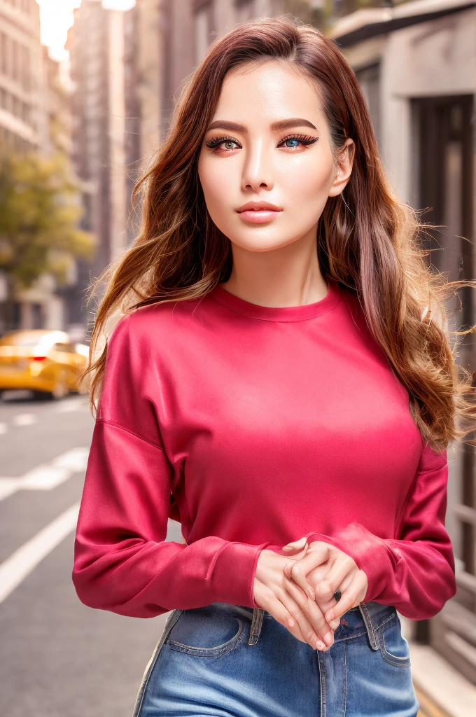 a beautiful woman walking down the road, her pink t-shirt and faded blue jeans illuminated by the sun, red cars passing in the background, a world of shimmering light, beautiful detailed eyes, beautiful detailed lips, extremely detailed eyes and face, long eyelashes, intricate facial features, cinematic lighting, warm color tones, vibrant colors, photorealistic, 8k, best quality, high resolution, masterpiece, ultra-detailed, HDR, physically-based rendering, professional, vivid colors, bokeh