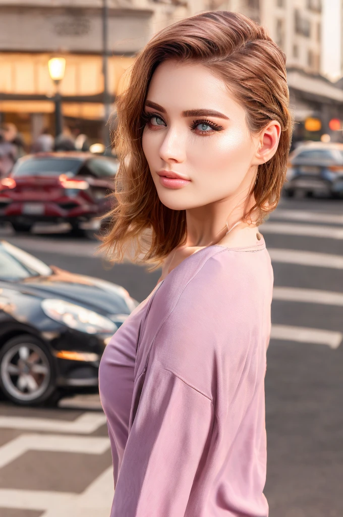 a beautiful woman walking down the road, her pink t-shirt and faded blue jeans illuminated by the sun, red cars passing in the background, a world of shimmering light, beautiful detailed eyes, beautiful detailed lips, extremely detailed eyes and face, long eyelashes, intricate facial features, cinematic lighting, warm color tones, vibrant colors, photorealistic, 8k, best quality, high resolution, masterpiece, ultra-detailed, HDR, physically-based rendering, professional, vivid colors, bokeh