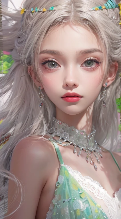 there is a woman with a white dress and a pink dress, loli, 🌺 cgssociety, fairycore, Guwiz, fantasy aesthetic!, ethereal fairytale, SSAO 8 K, 8K)), pale milky white porcelain skin, dreamy and detailed, Inspired by Huang Ji, Ethereal fantasy,