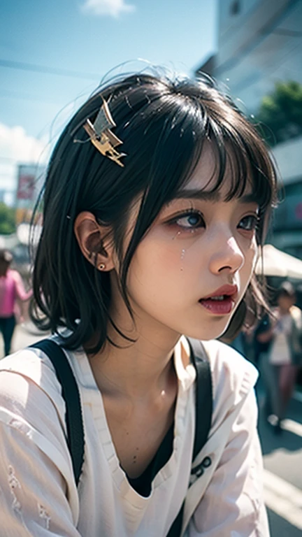 masterpiece, raw photo, film photo, 90s flash photo, 1girl, empty road, beautiful 1girl, sin front of camera, best quality, Renhang, blonde hair, lipstick, (tears) smiling, short hair