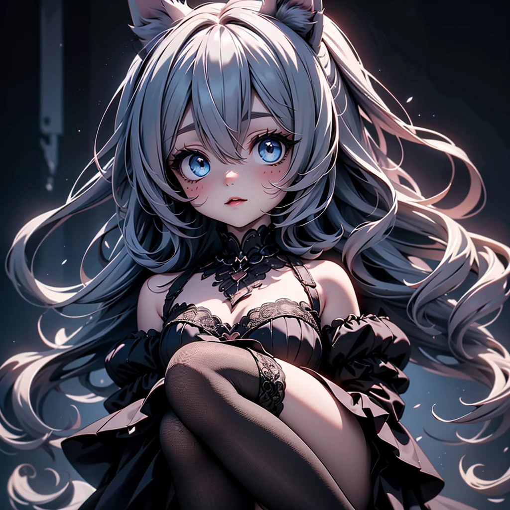 1girl, (masterpiece), best quality, expressive eyes, perfect face, long hair, bangs, ((black hair)), ((white hair)), ((multicolored hair), ((black dress)), animal ears, cleavage, bare shoulders, twintails, very long hair, closed mouth, ((green eyes)), standing, tail, pantyhose, detached sleeves, ((cat ears)), small breasts, streaked hair, ((cat tail)), ((animal ear fluff)), black pantyhose, ((low twintails)), ((cat girl))